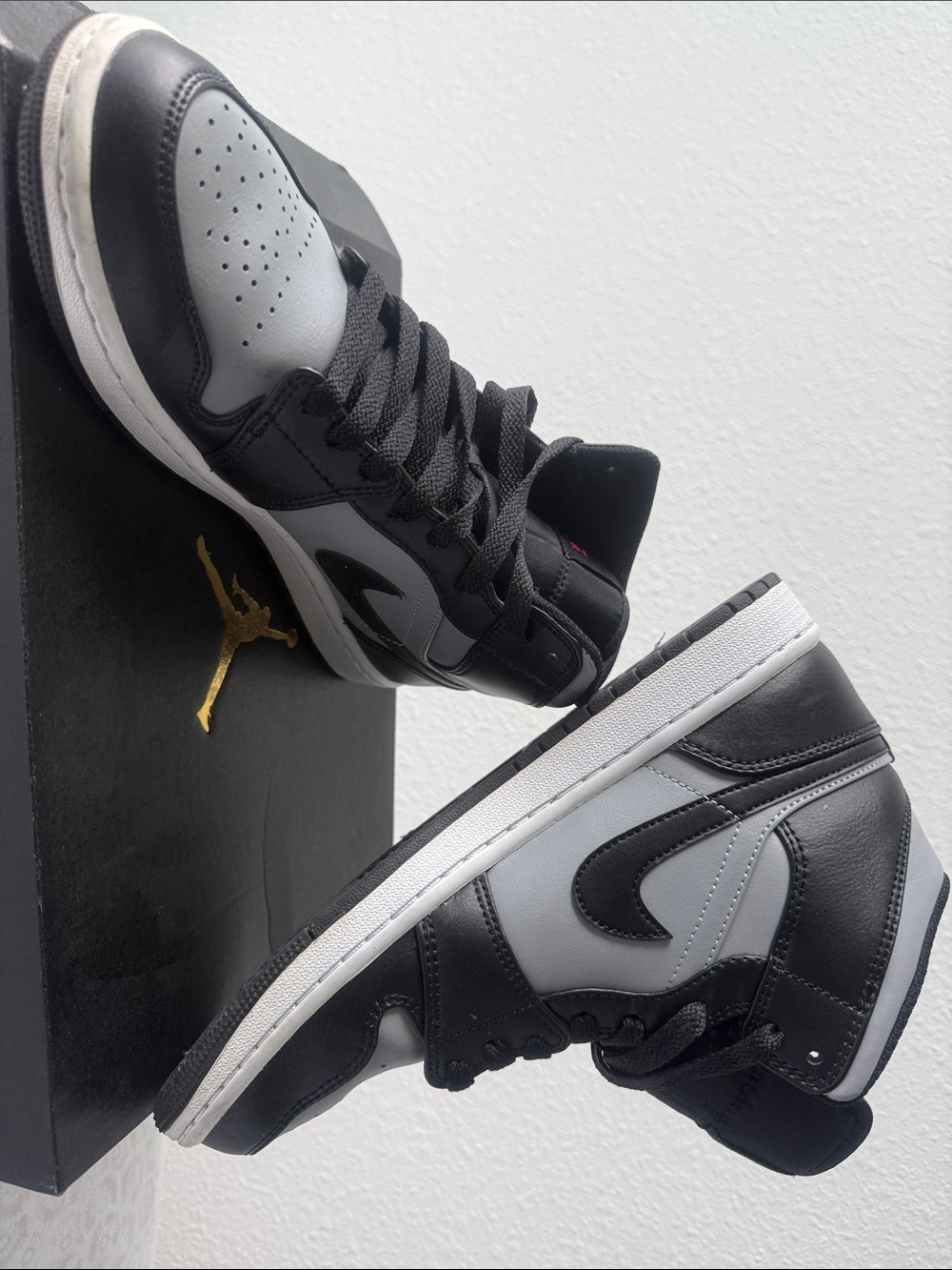 Air Jordan 1 Mid Sneakers in Black, Gray with Red Jumpman - Picture 2 of 6